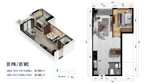 Căn 1PN 1WC - Diện tích 51,9m2