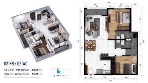 Căn 2PN 2WC - Diện tích 70,8m2